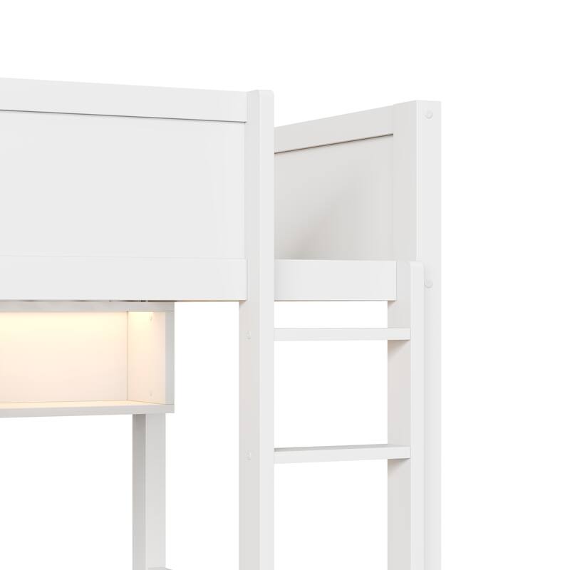 Wooden Full XL Over Full XL Bunk Bed with Storage Cabinets Built-in LED Lighting and 2 Pull-out Storage Drawers