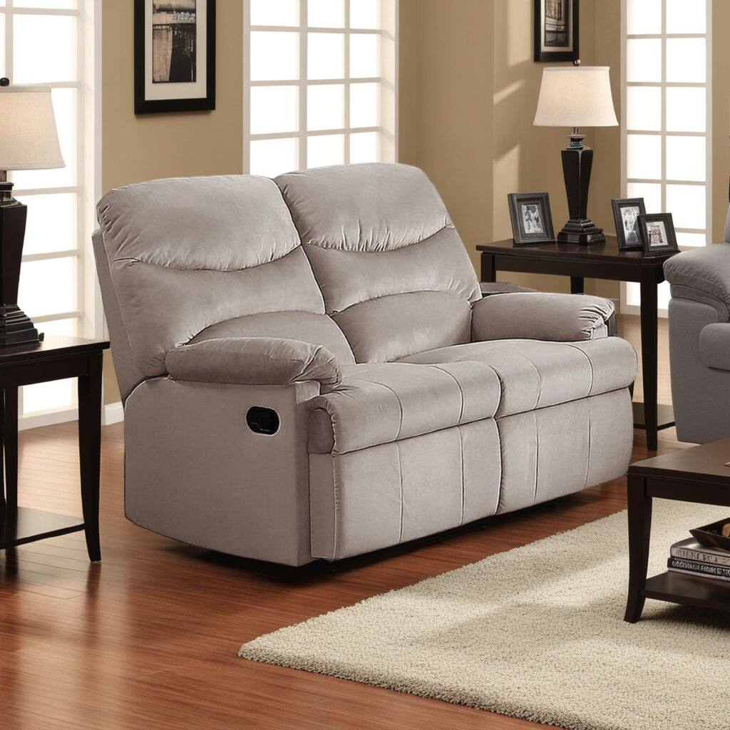 Karry Manual Recliner Loveseat, Light Brown Velvet, 53 Inch Solid Wood