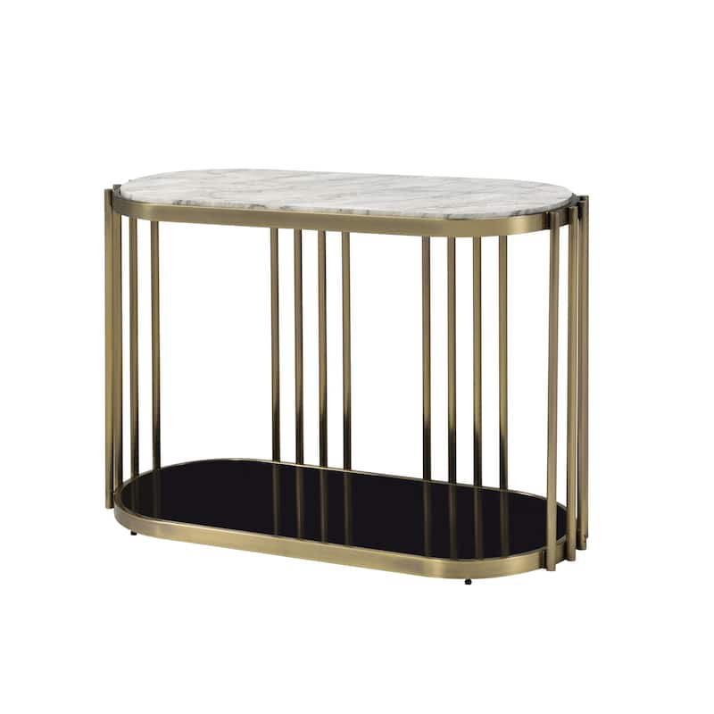 Roberts Glam Brass and White 42-inch Faux Marble 1-Shelf Drum Sofa Table by Furniture of America