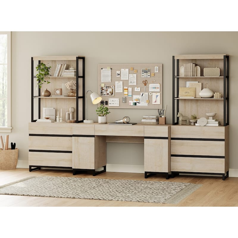 WAMPAT 59" Executive Desk with Charging Station & Storage Cabinet + 72" Tall Bookcase with 6 Drawers. - Beige