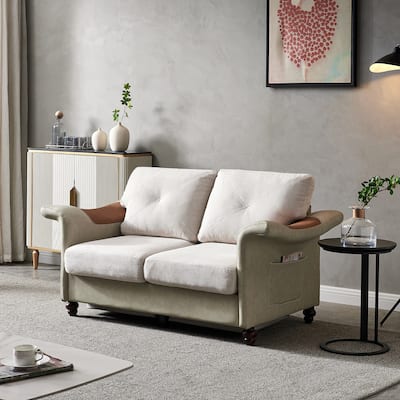 Living Room General Use Linen Fabric Faux Leather with Wood Leg Love Seat (Beige)
