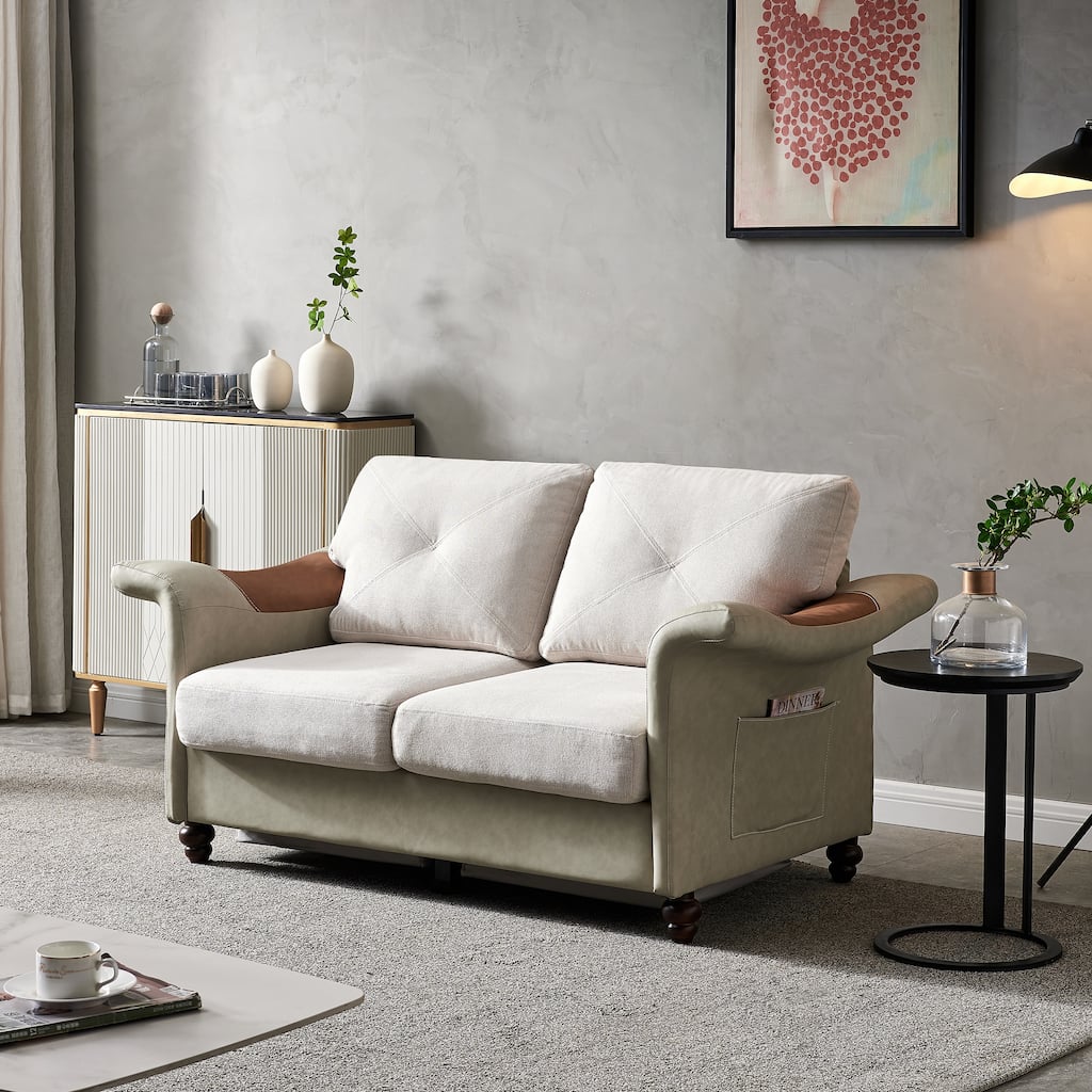 Living Room General Use Linen Fabric Faux Leather with Wood Leg Love Seat (Beige)