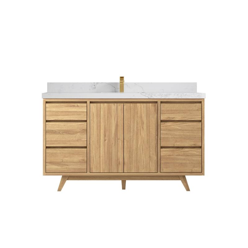 Willow Collections 60 in. W x 22 in. D Madison Teak Single Sink Bathroom Vanity with Countertop - 2" Calacatta Nuvo - Light Natural Teak