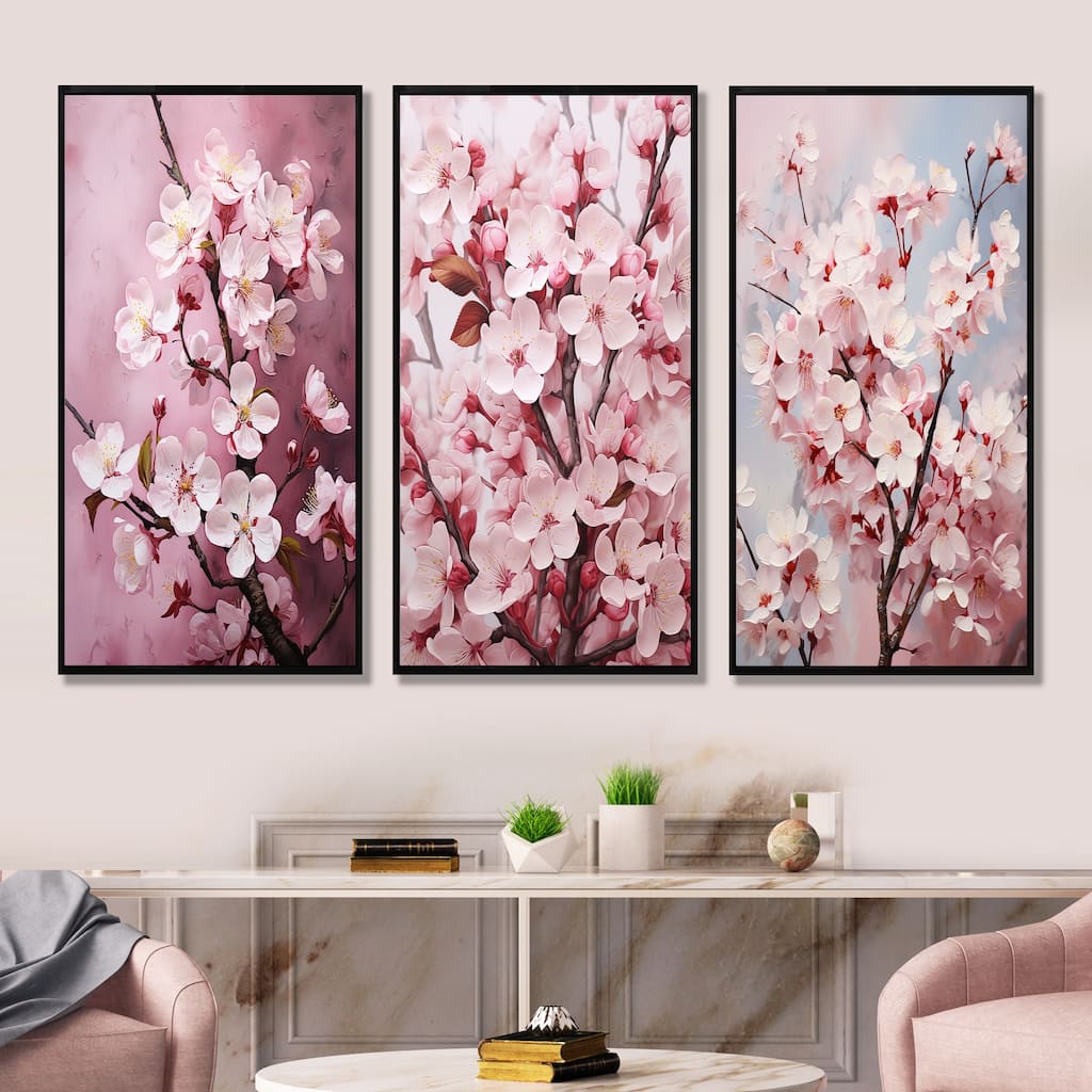 Designart "Burgundy Blossoms Harmony" Tree Cherry Blossom Framed Canvas Set of 3 - Modern Pink Wall Art Decor 3 Pieces
