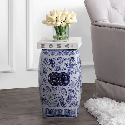 Floral Vine 18.5" Chinoiserie Ceramice Square Garden Stool, Blue/White