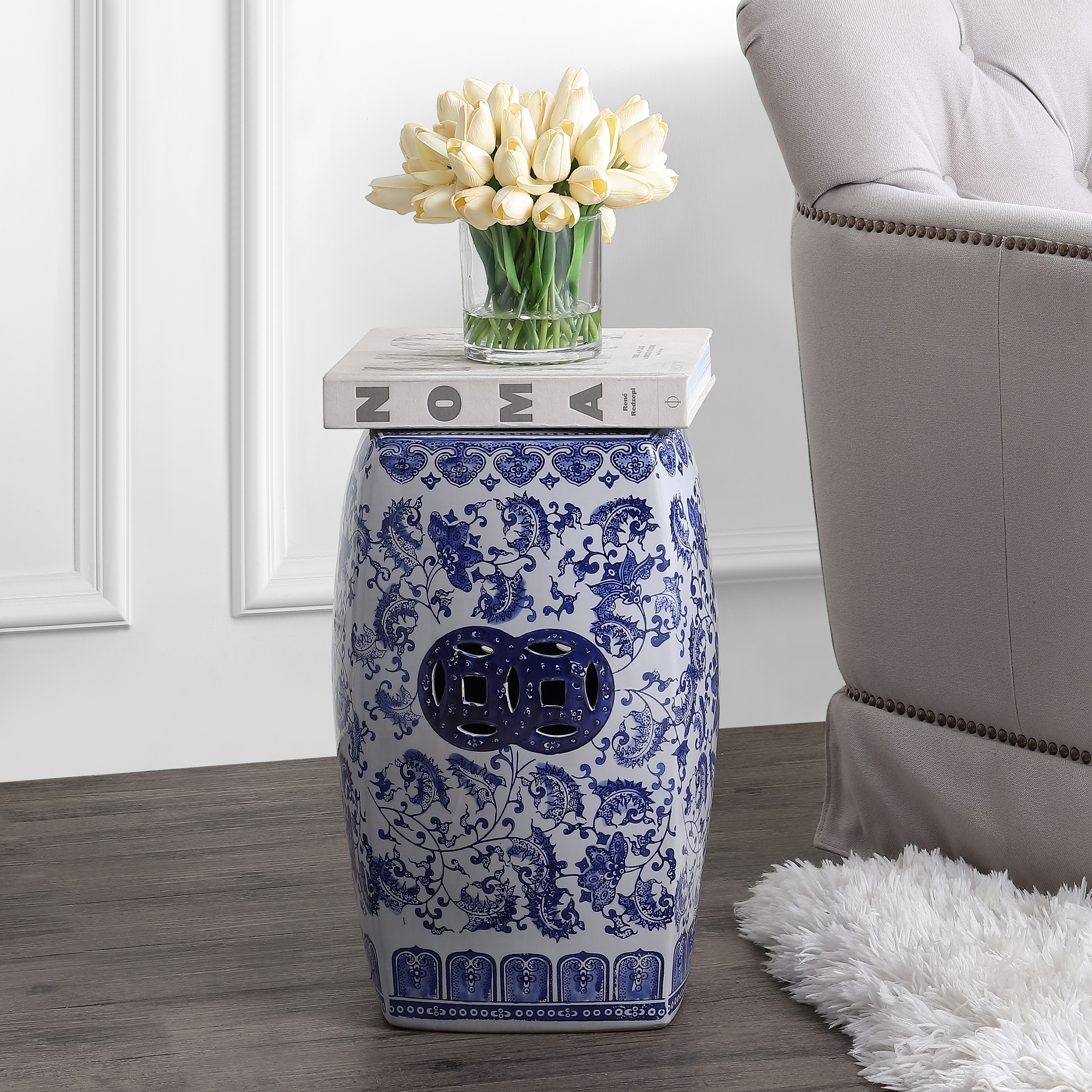 Floral Vine Traditional Floral Chinoiserie Ceramic Drum Garden Stool, Pierced Indoor/Outdoor Patio Seat & Side Table