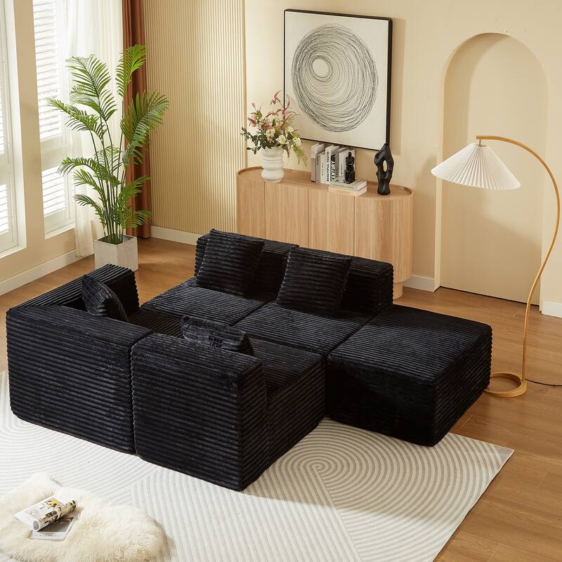 Modular Sectional Corduroy Sofa with Deep Seat, L-Shape, Black, Easy Assembly