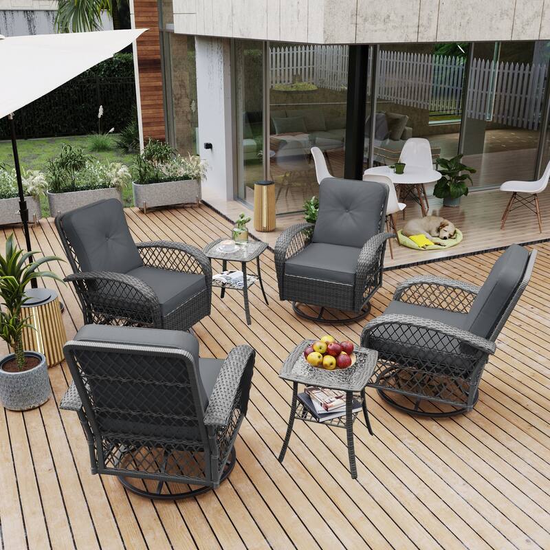 UPHA 6-Piece Patio Outdoor Wicker Swivel Rocking Chair Set with Side Table and Cushions