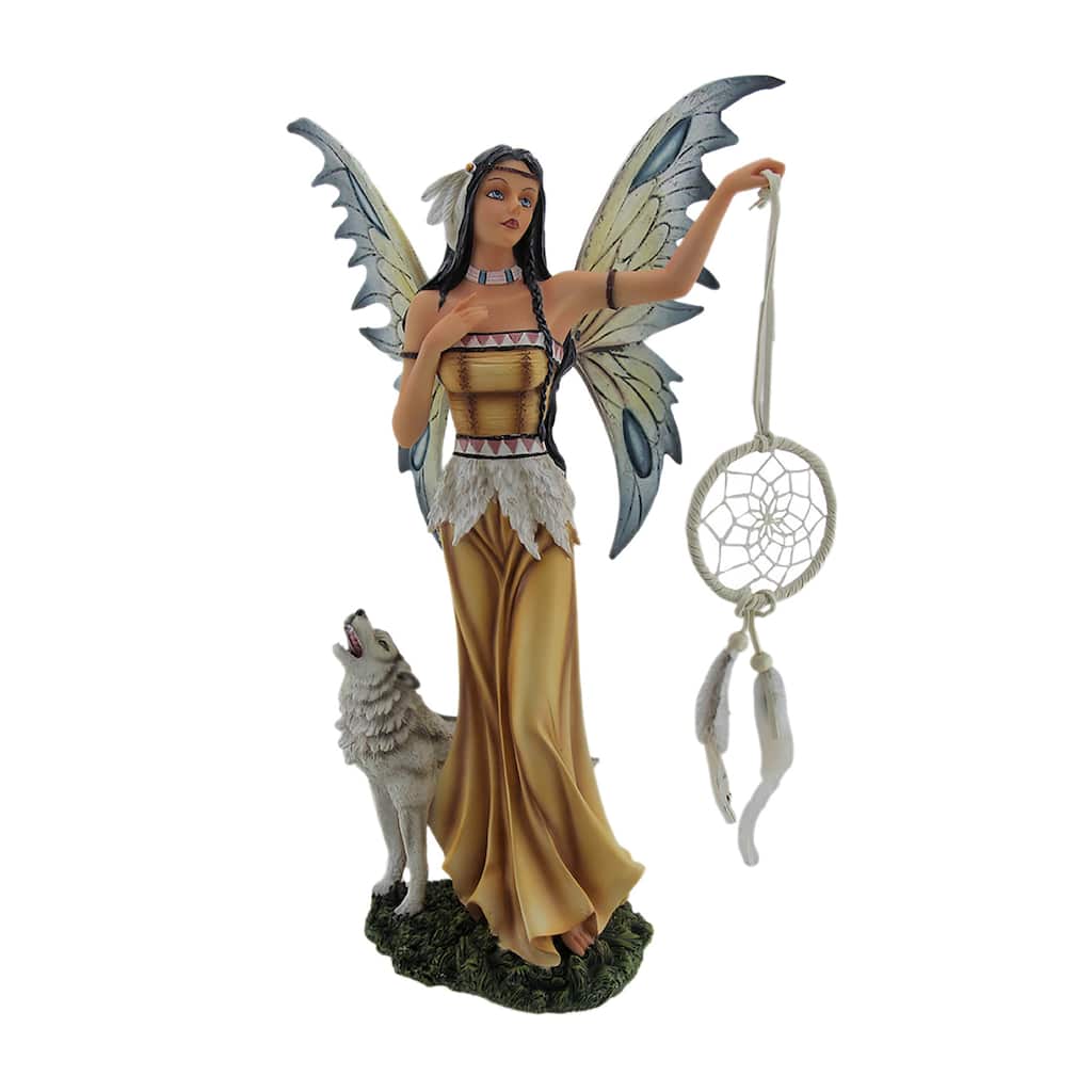 Una And Tala The Native American Dream Fairy And White Wolf Statue - 15 X 10 X 6 inches