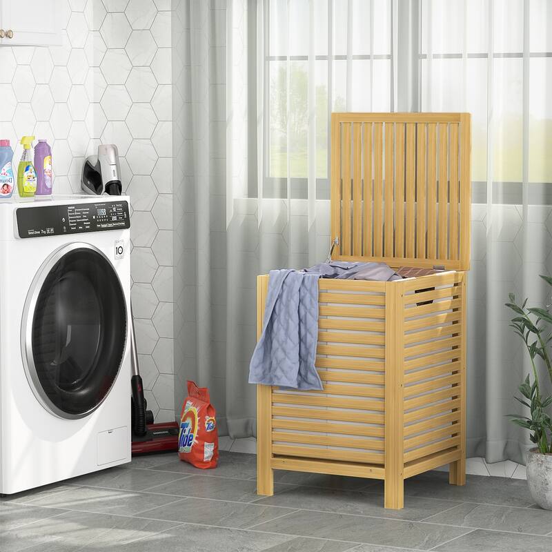 Bamboo 2-Section Laundry Hamper, 120L Large Laundry Basket with Lid and Removable Liner Bag