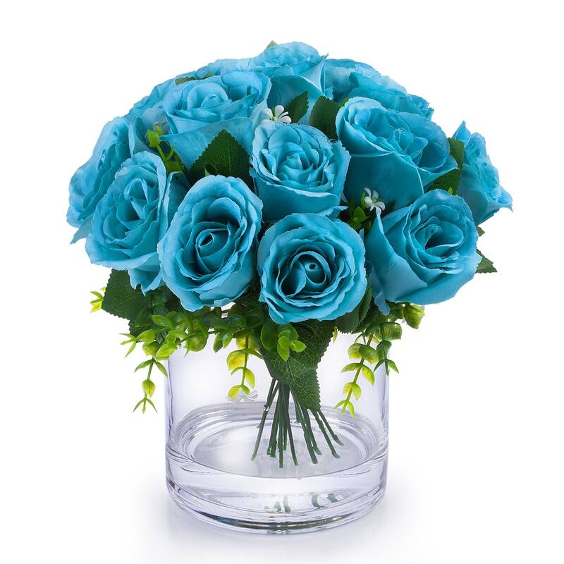 Enova Home Artificial Open Fake Silk Roses Flowers Arrangement in Clear Glass Vase with Faux Water for Home Wedding Decoration - Aqua