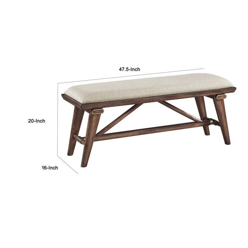 Manny Bench with Brown Angled Legs, Cream Textured Polyester, 47 Inch