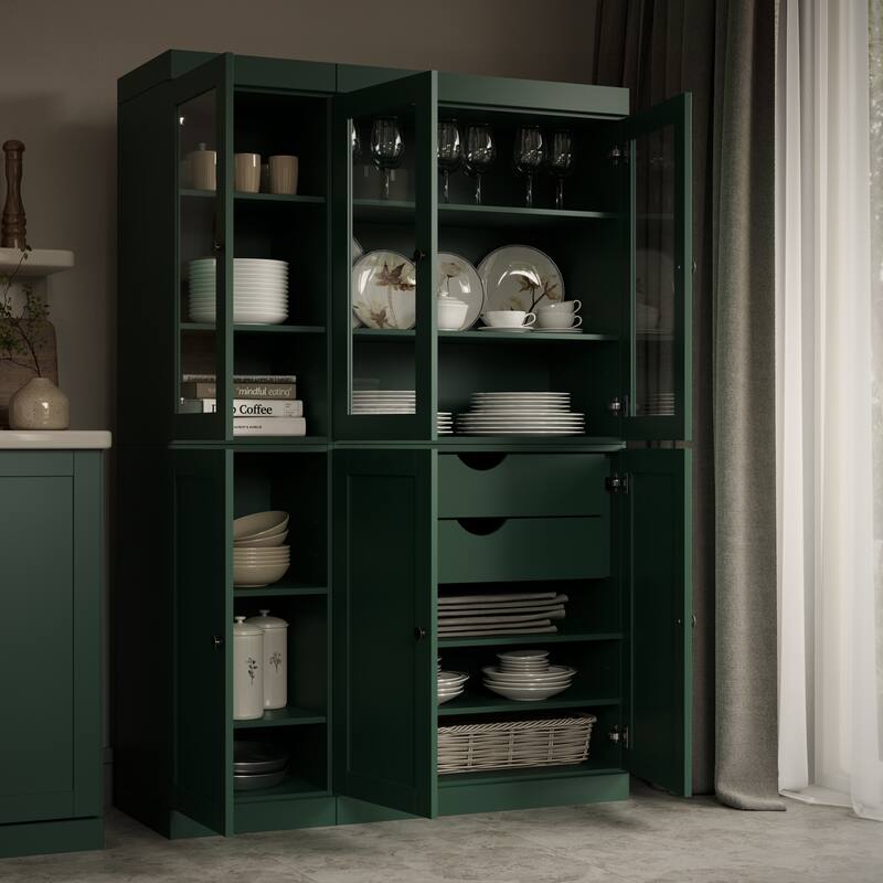 Palace Imports 100% Solid Wood 48.5" Pantry Cabinet with Clear Glass, Shaker Doors, 2-Drawers and Adjustable Shelves