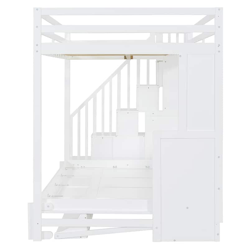 Full Over Full Versatile Wooden Murphy Bed with Storage Staircases & Desk, Space-Saving Foldable Wall Bed with Hydraulic Lift