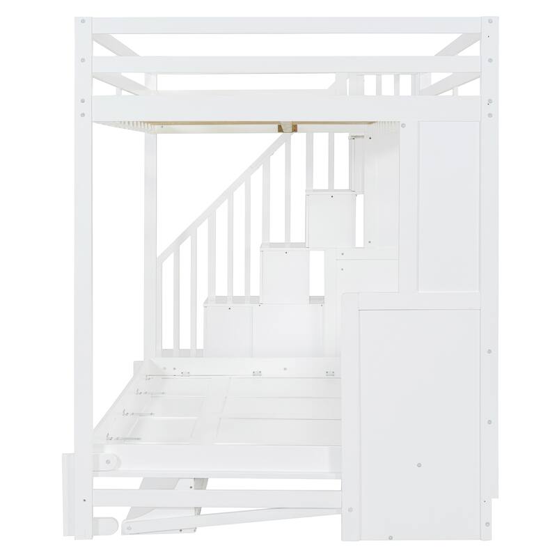 Full Size Convertible Murphy Bunk Bed with Hydraulic Lift, Built-in Desk & Storage Staircase, Space-Saving Wall Bed