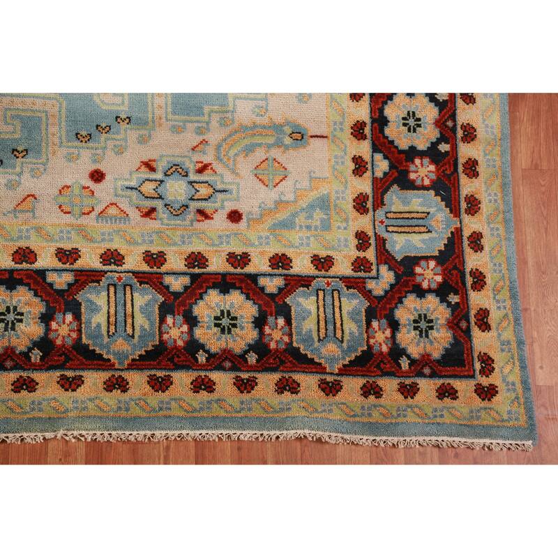 Light Blue Geometric Viss Oriental Large Rug Handmade Wool Carpet - 9'9" x 13'9"