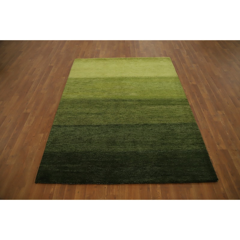 Hand Knotted Oriental 100% Wool Carpet Modern Stripe Green Gabbeh Area Rug - 6' 6'' X 4' 11''