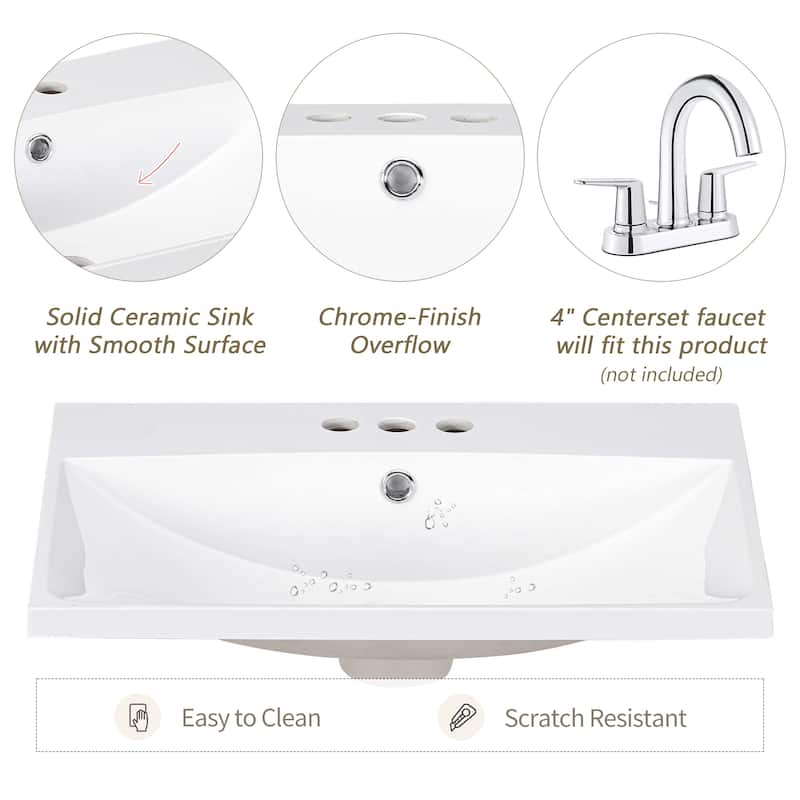 24" Bathroom Vanity with Ceramic Basin, Rattan Bathroom Storage Cabinet with 2 Doors and Drawer