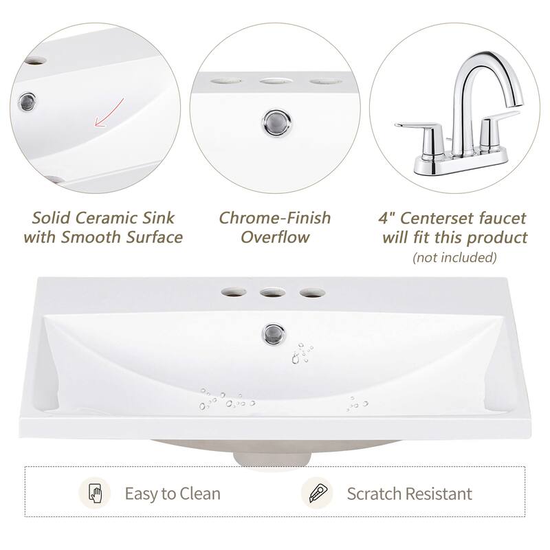 Ceramic Undermount Bathroom Vanity Top with Pre-Drilled Faucet Holes, Fits Cabinets Under 24", Modern Rectangular Design