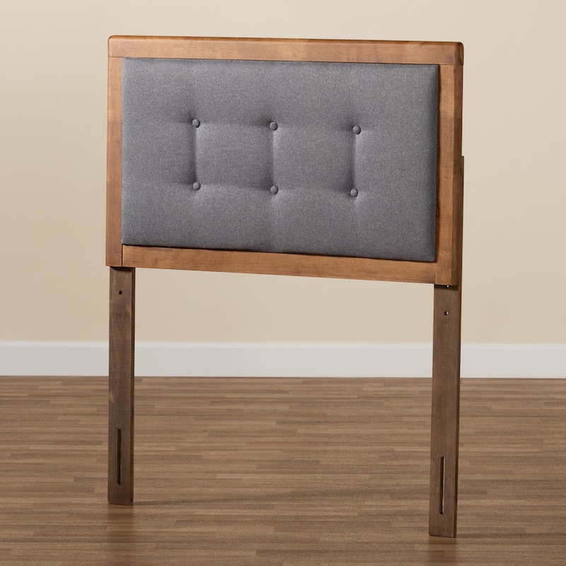 Mid-Century Modern Dark Grey Fabric Upholstered Walnut Brown Wood Twin Size Headboard with Vintage Appeal