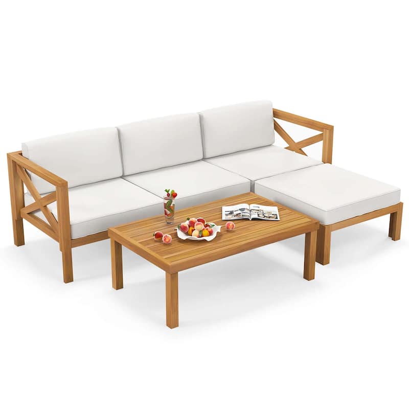 Gymax Set of 5 Conversation Furniture Set w/ 3 Chairs 1 Ottoman & 1 - White