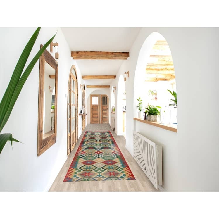 Hand Woven Oriental 100% Wool Carpet Southwestern All-Over Multi-Colored Kilim Runner Rug - 15' 11'' X 2' 10''