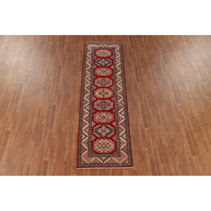 Red Geometric Kazak Oriental Runner Rug Hand-Knotted Wool Carpet - 2'8" x 9'4"