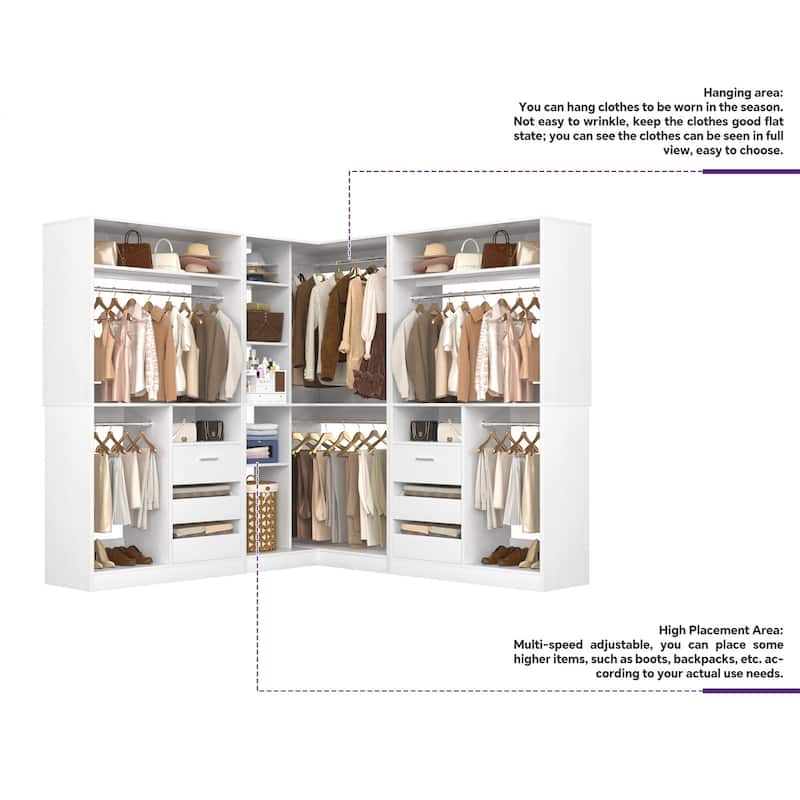 Qvella Corner Closet System with 6 Wooden Drawers and 6 Hanging Rods, Closet Organizer Wardrobe for Walk-in/Reach-in Closet