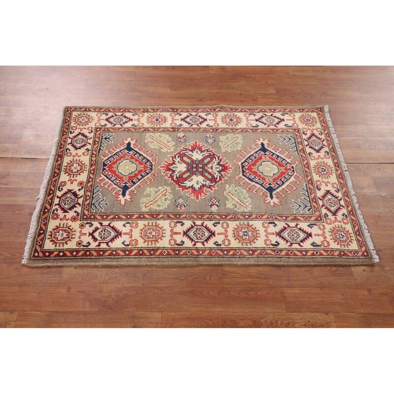 Brown Geometric Kazak Oriental Accent Rug Handmade Wool Carpet - 2'10" x 4'0"