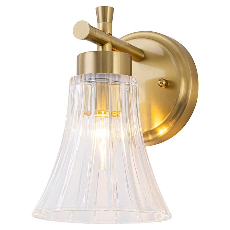 Gold Metal Wall Sconce Ribbed Trumpet Glass Shade for Bathroom Vanity
