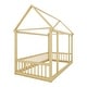 preview thumbnail 11 of 11, Natural Twin Size Pine Wood Floor Bed with House Roof & Guardrails