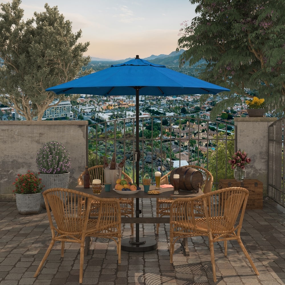 California Umbrella 7.5' Round Crank Lift Auto Tilt 8 Rib Aluminum Patio Umbrella, Bronze Finish, Pacifica Pacific Blue Fabric