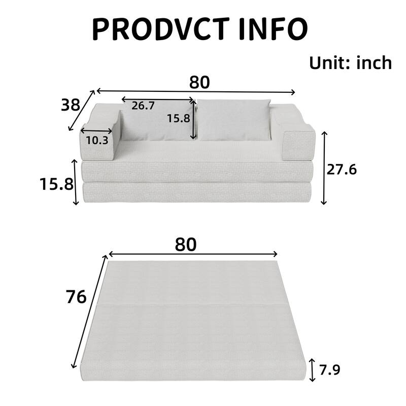 80" Convertible Couch Bed with Removable Cushions and Pillows, 3-Seat Folding Floor Couch & King Size Bed Mattress
