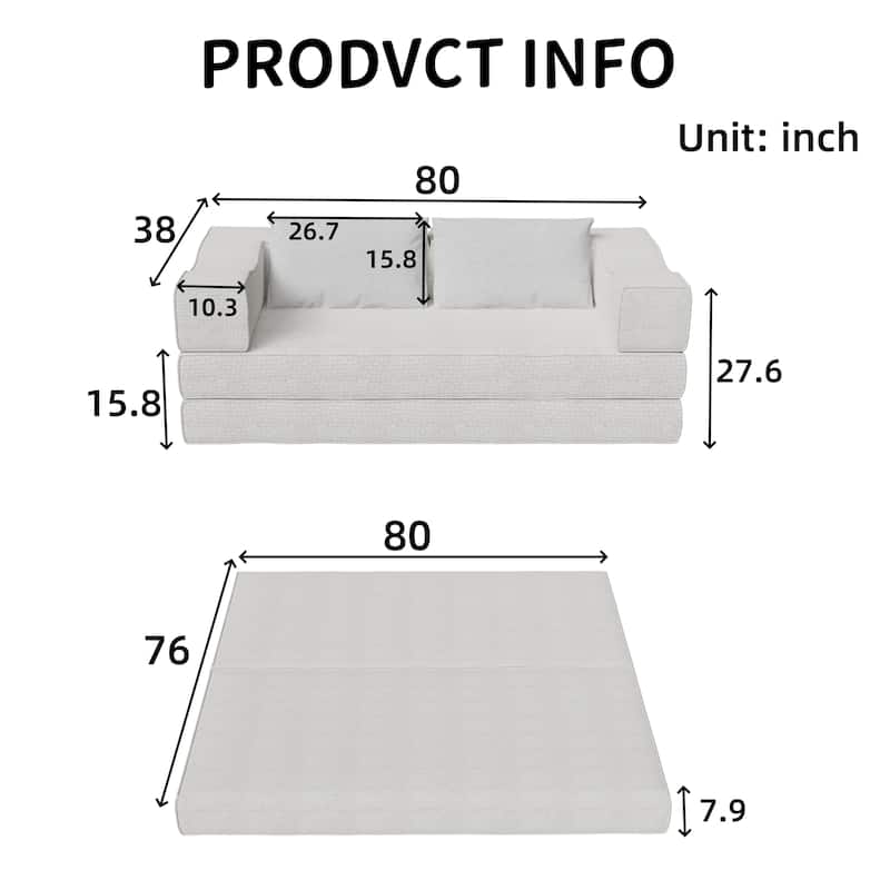 80" Convertible Sofa Bed with 2 Pillows, 2-Seat Folding Floor Couch, Multifunctional Chenille Loveseat Living Room Sleeper Sofa