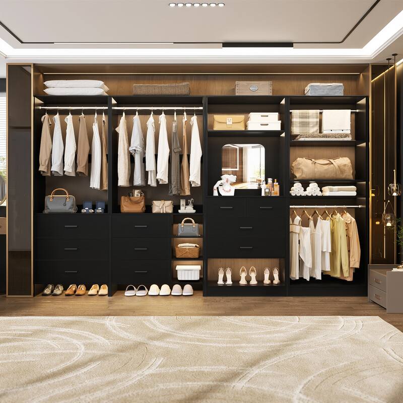 Cimly Set of 4 Closet Organizer with Drawers and Mirror, Freestanding Closet System with Hanging Rods