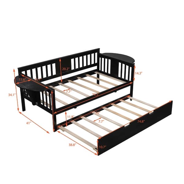 dimension image slide 5 of 6, Elegant Design Daybed with Trundle Bed, Wooden Sofa Bed for Bedroom Living Room, Wood Platform Bed Frame for Kids Teens Guests