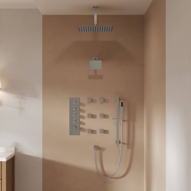 GRANDJOY Shower System 16 inch Rainfall Ceiling and 6 inch Wall Mount Dual Shower Head Handheld Spray Slide Bar Thermostatic - Brushed Nickel