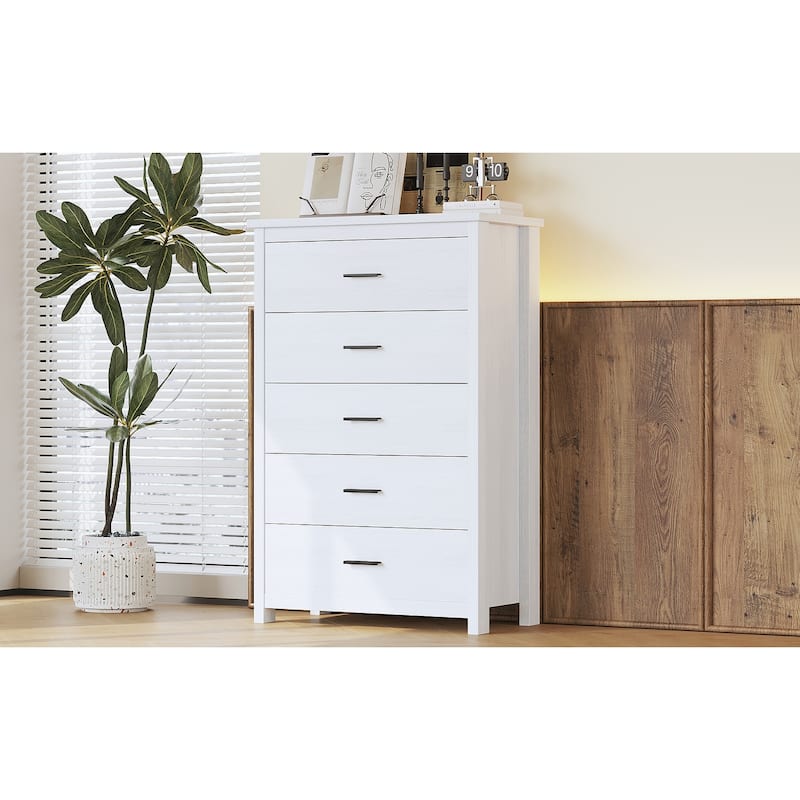 5 Drawer Tall Wooden Dresser, Large Capacity Clothing Storage Cabinet, Decorative Cabinet with Metal Handles and Wooden Legs