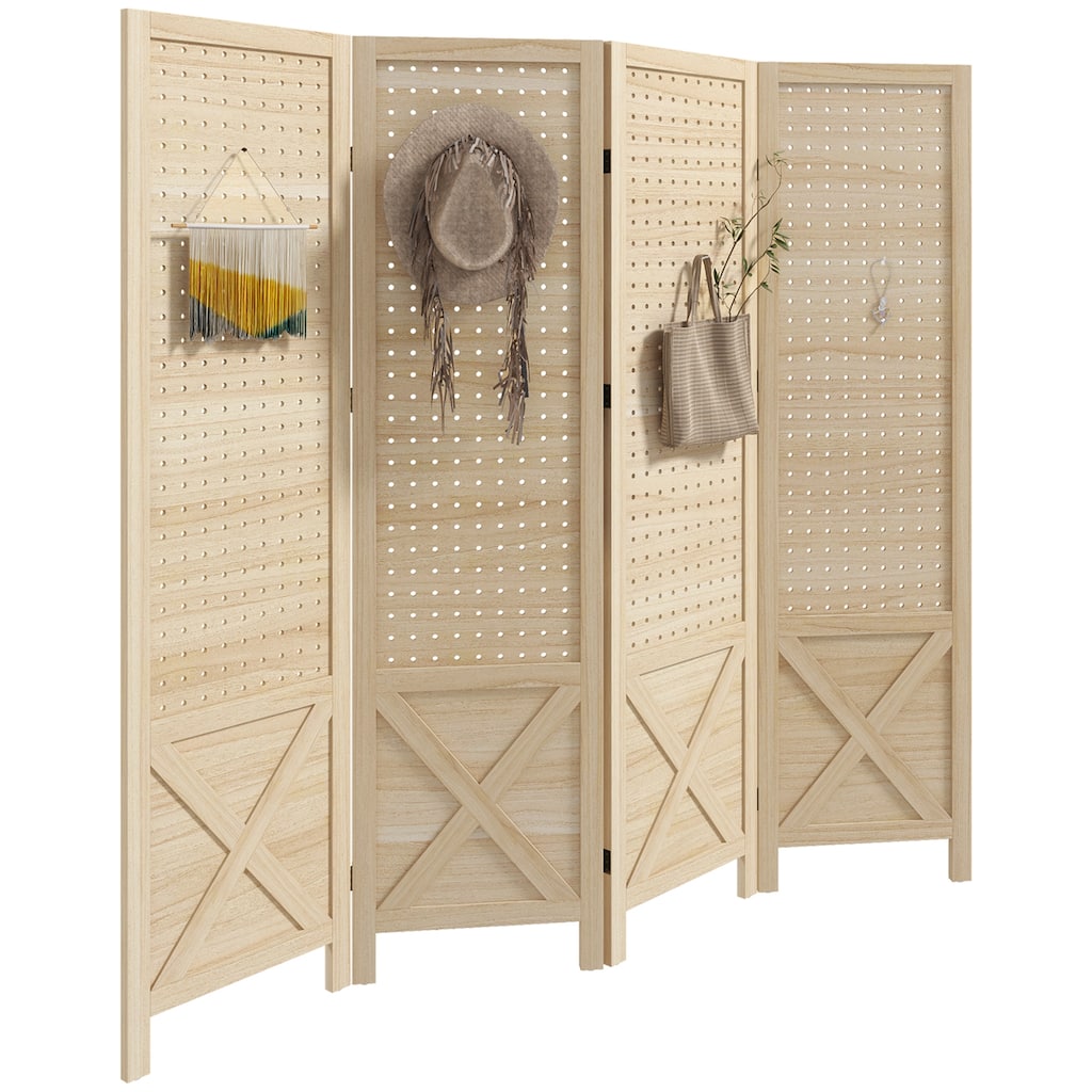 4 Panel Pegboard Display Room Divider, 4.7' Tall Wood Indoor Portable Folding Privacy Screen, Partition Wall Divider, Natural
