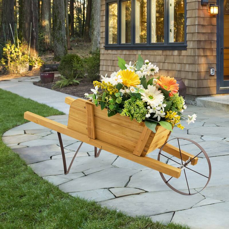 Costway Wooden Wagon Planter Decorative Indoor/Outdoor Rustic Flower - See Details - Beige