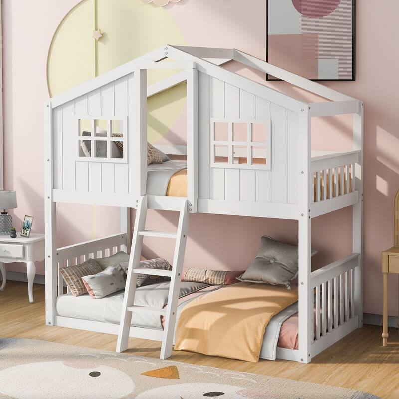 Twin Over Twin Bunk Bed House Shape Design Solid Wood Construction with Ladder - White
