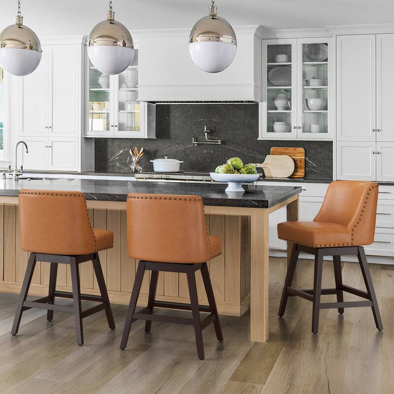 26 in. Modern Wood Frame Counter Stools Fabric/Faux Leather Swivel Bar Stools Upholstered Island Stools - Set of 3 - Brown/Faux Leather