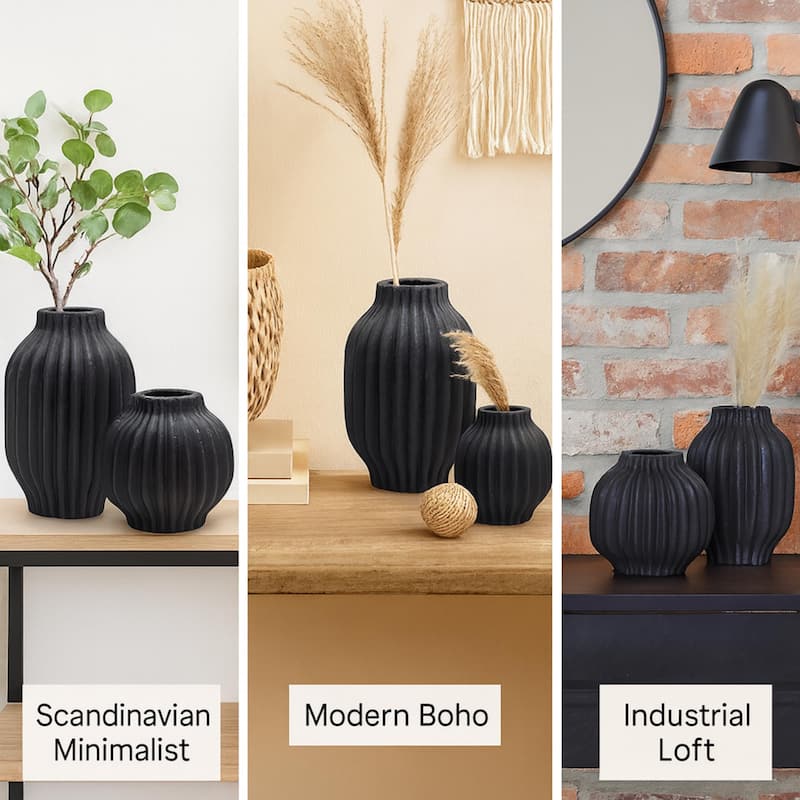 ARIA HOME Black Vertical Modern Ceramic Grooved Table Vase Set of 2