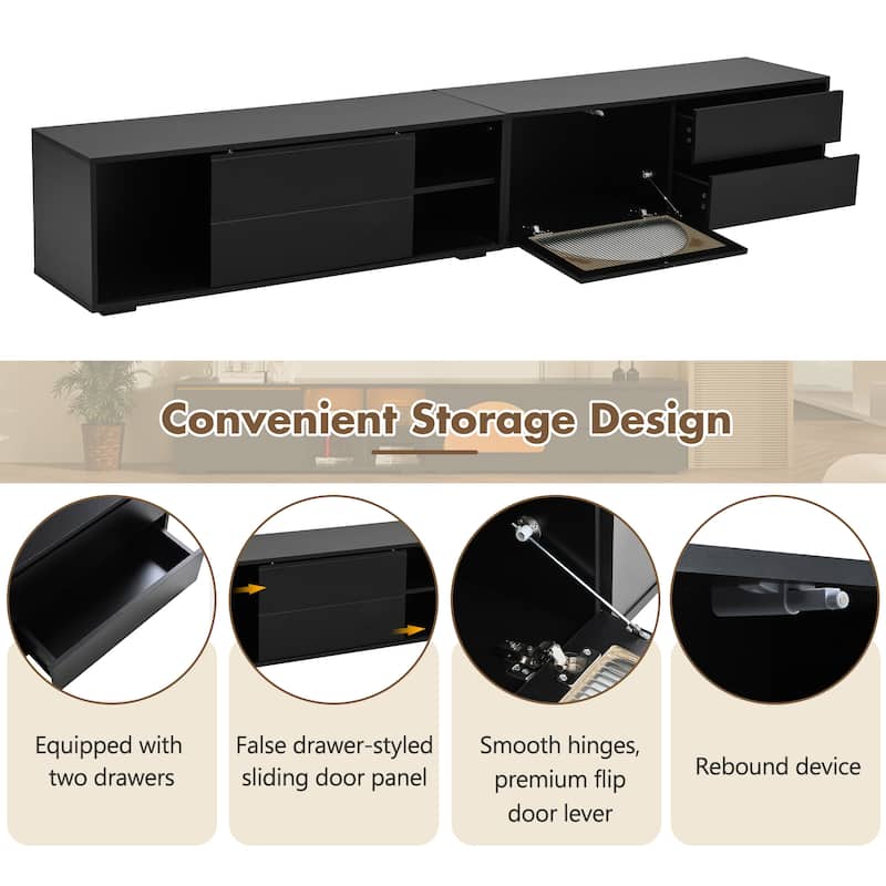 94.4" Modern TV Stand for 100" TVs, Arched Tempered Glass Door, Sliding Panel & 2 Drawers, App-Controlled LED Console