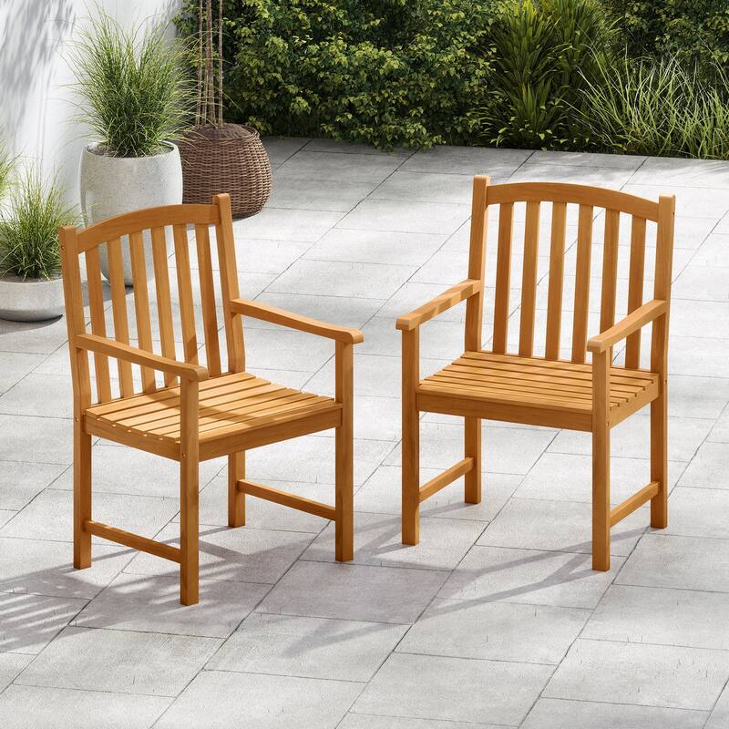 Set of 2 Natural Acacia Wood Patio Armchairs with Slatted Seat, Ergonomic Back and 400lb Capacity - 22.5" x 24" x 36"