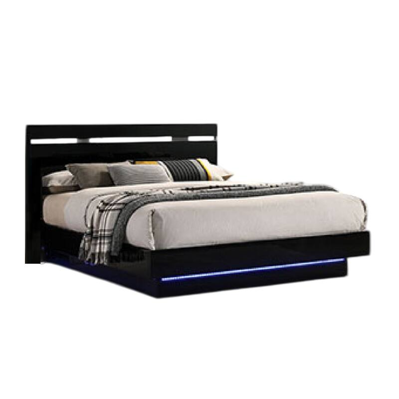 Pero King Size Bed w Silver Trimmed Headboard, LED Footboard, Black