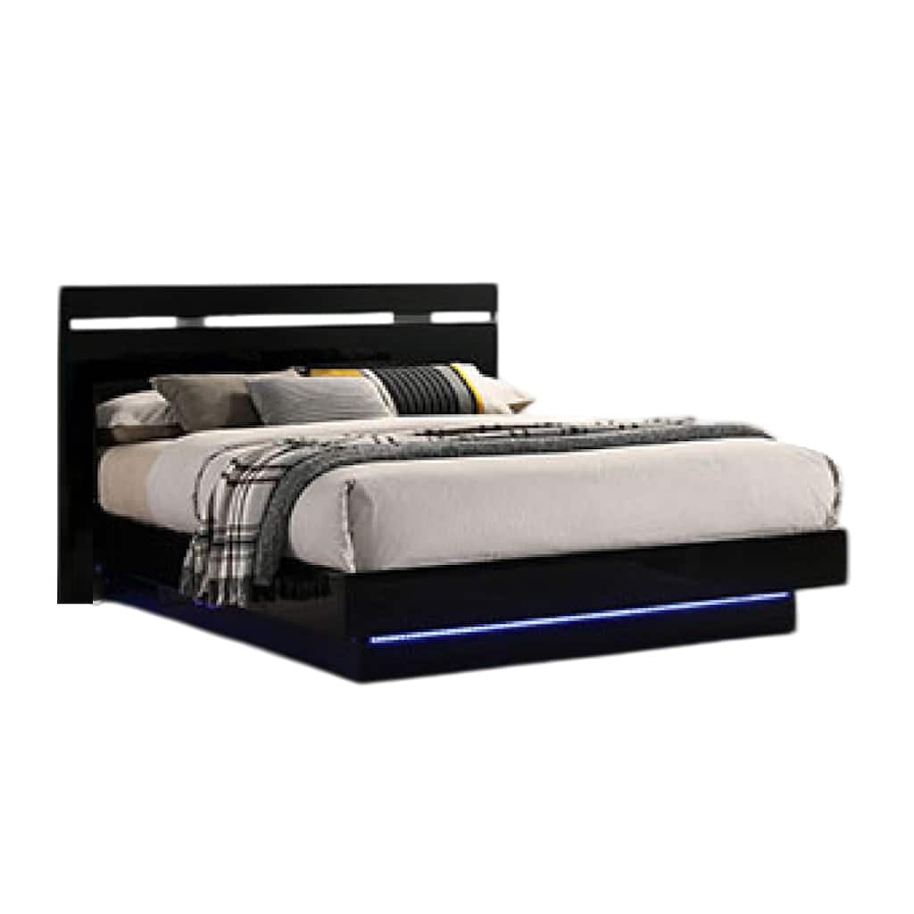 Pero King Size Bed w Silver Trimmed Headboard, LED Footboard, Black
