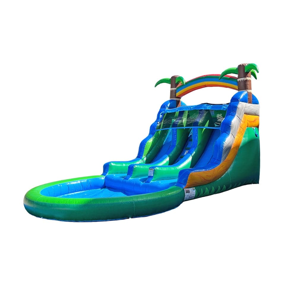 POP JUMP Tropical Island 23' Dual Lane Center Climb Waterslide With Attached Pool - 13' High x 12' Wide x 23' Long