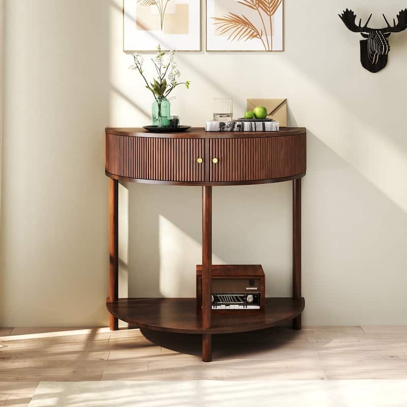 Half Moon Design End Table with Sliding Rattan Door