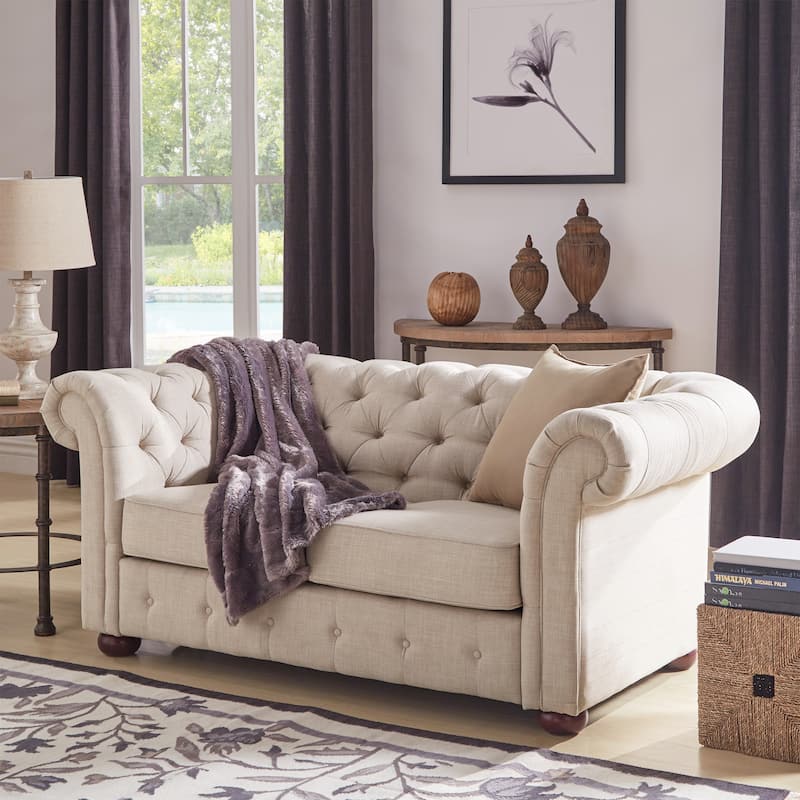 Knightsbridge Beige Linen Tufted Scroll Arm Chesterfield Loveseat by iNSPIRE Q Artisan
